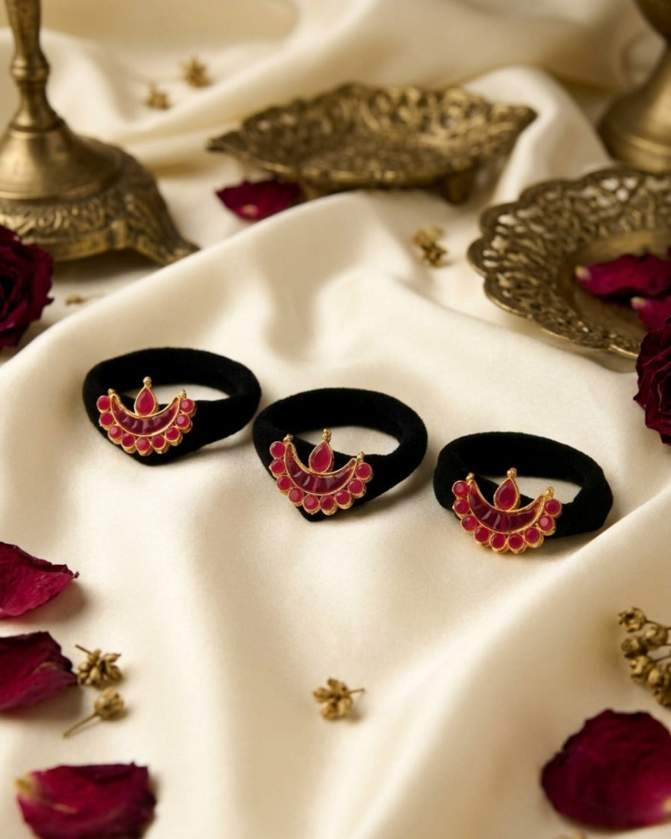 Shonali - Crimson Glow - Pack Of 3 Hair Accessories With Ornate Crescent Motifs, Pink-Red Enamel And Golden Details