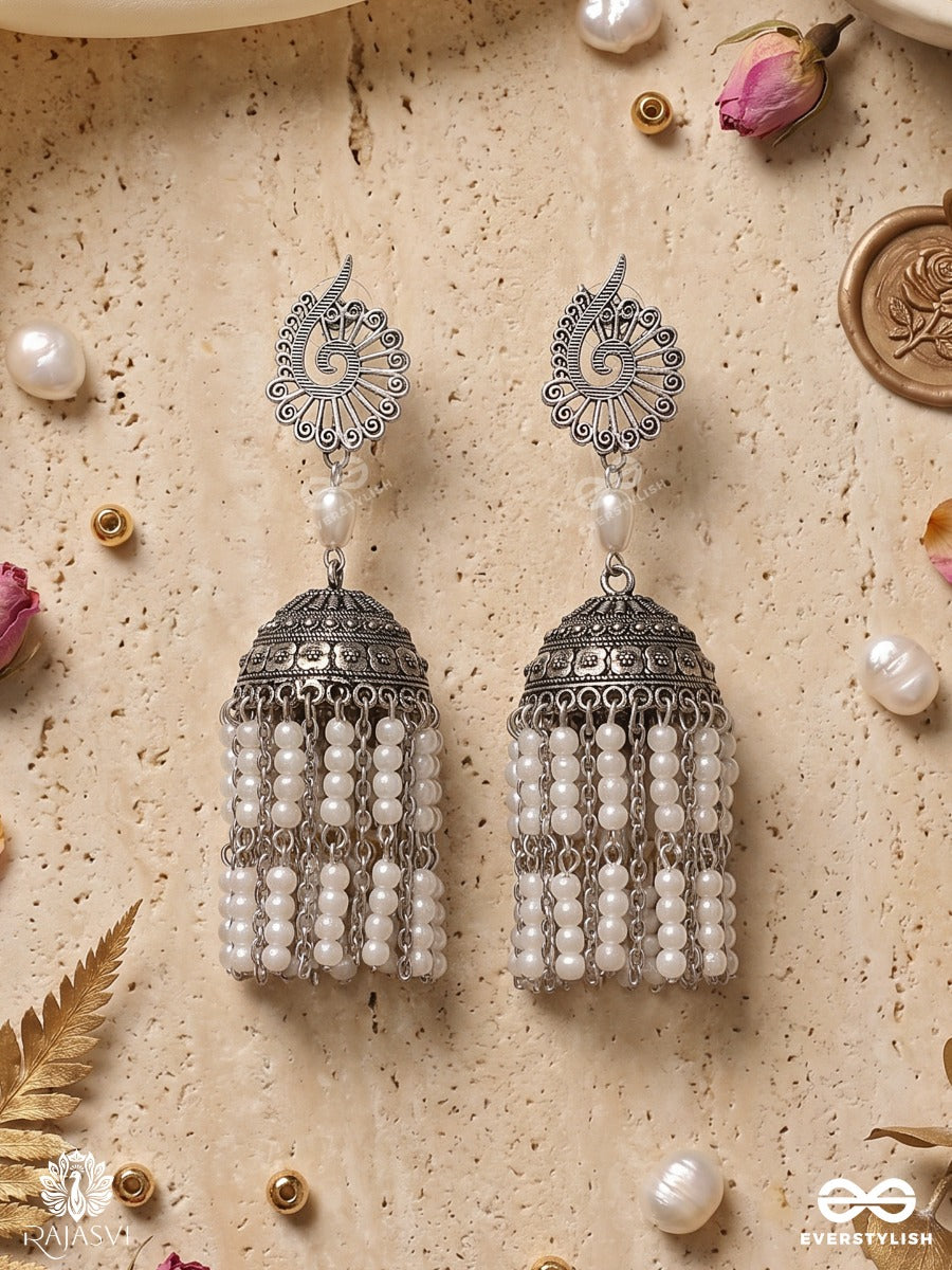 Shashilekha – Oxidised Jhumka Earrings With Pearl Tassels, Floral Studs And Engraved Dome