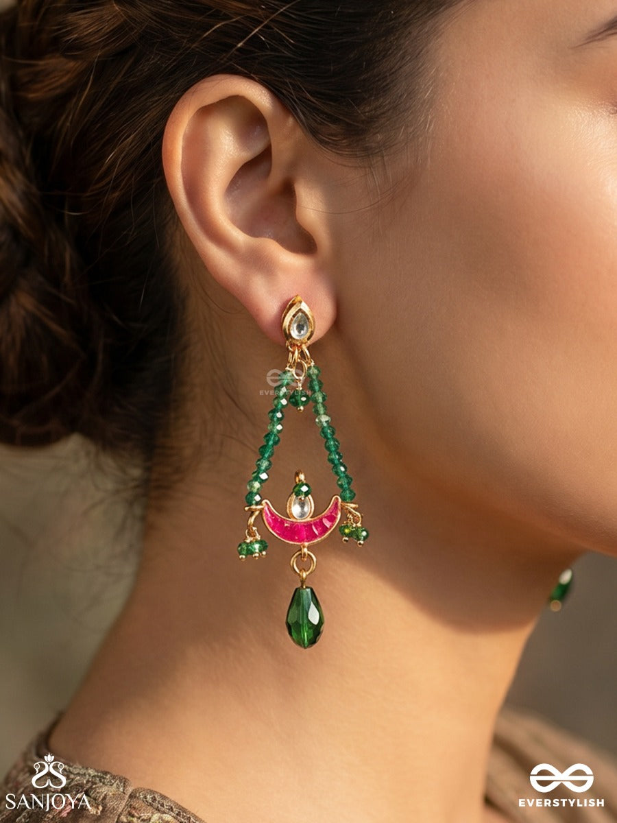 Vainateya – Celestial Majesty – Elegant Earrings With Emerald Bead Drapes, Enamel Crescent Motifs, Kundan Accents And Dangling Green Drop Charms