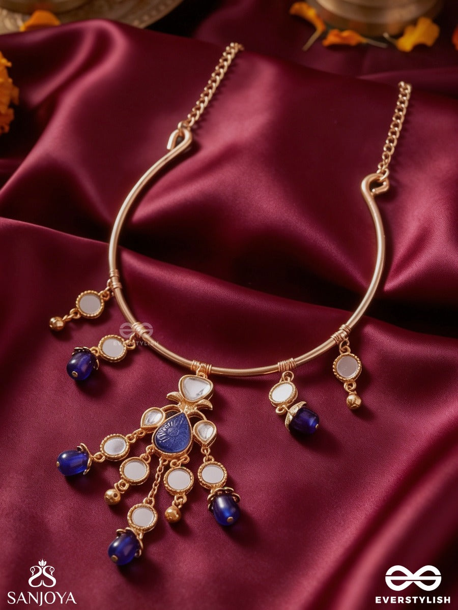 Parnika – Leaf Of Grace – Heritage Hasli Necklace With Blue Crystal Drops, Mirror Accents And Delicate Chain Cascades