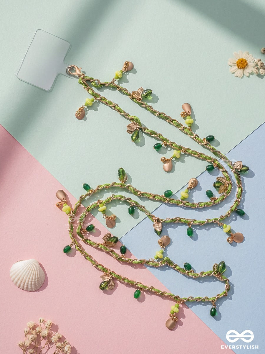 Emerald Vine – Braided Phone Sling With Leaf Charms, Green Beads And Pearl Drops
