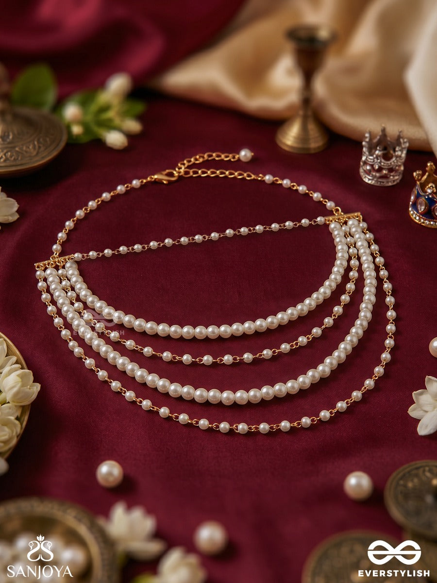 Rasaavali – Garland Of Grace – Convertible Body Jewellery That Styles As A Necklace Or Shoulder Chain With Four Layered Pearl Drapes And Delicate Golden Chains