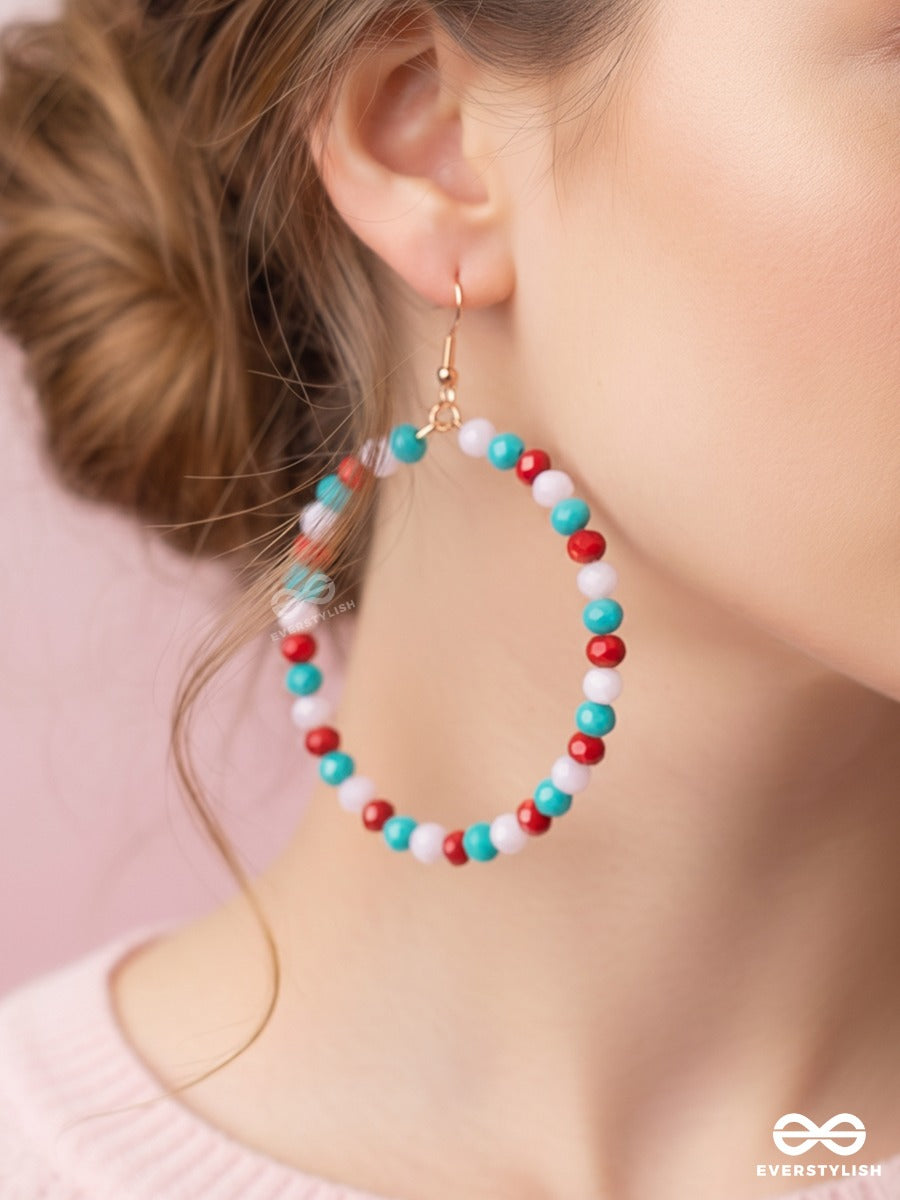 Lagoon Pop – Turquoise, Ruby And Ivory Beaded Oval Hoop Earrings