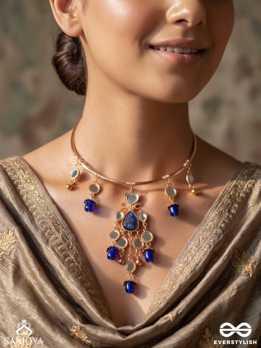 Parnika – Leaf Of Grace – Heritage Hasli Necklace With Blue Crystal Drops, Mirror Accents And Delicate Chain Cascades