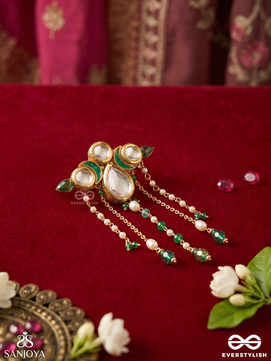 Karnapriya – Beloved Adornment – Heritage Hair Accessory With Kundan Mirror Motifs, Emerald Enamel, Pearl Chains And Aqua Drop Accents