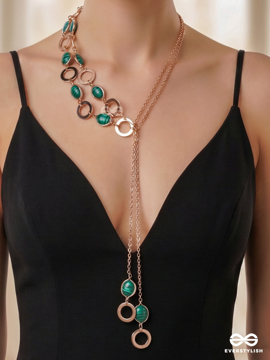 Botanica – Multiway Chain With Emerald Green Stone Beads And Gold Ring Accents That Can Be Styled As Necklace; Scarf-Style Necklace; Waist Chain; Knot Necklace