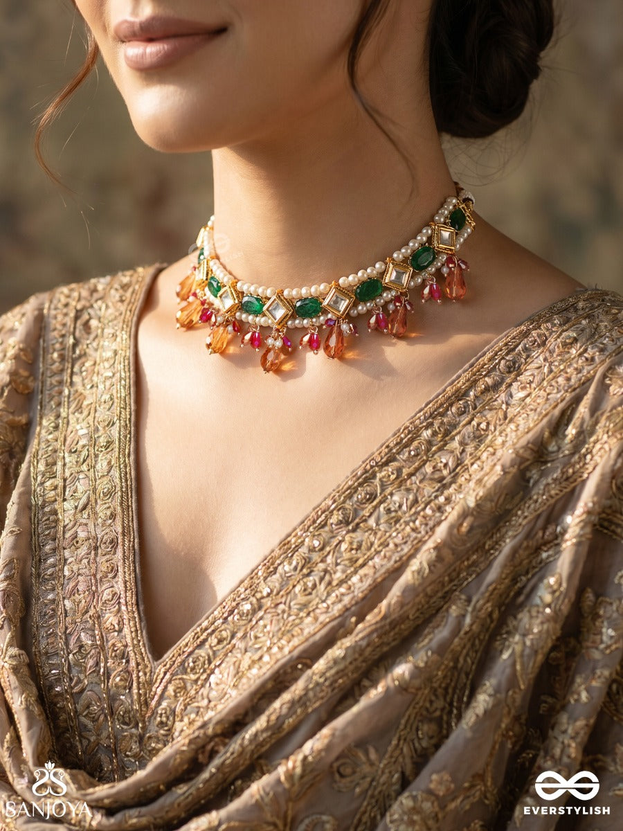 Parnajyoti – Radiant Foliage – Heritage Choker With Emerald Kundan Panels, Pearl Accents And Peach Crystal Drops