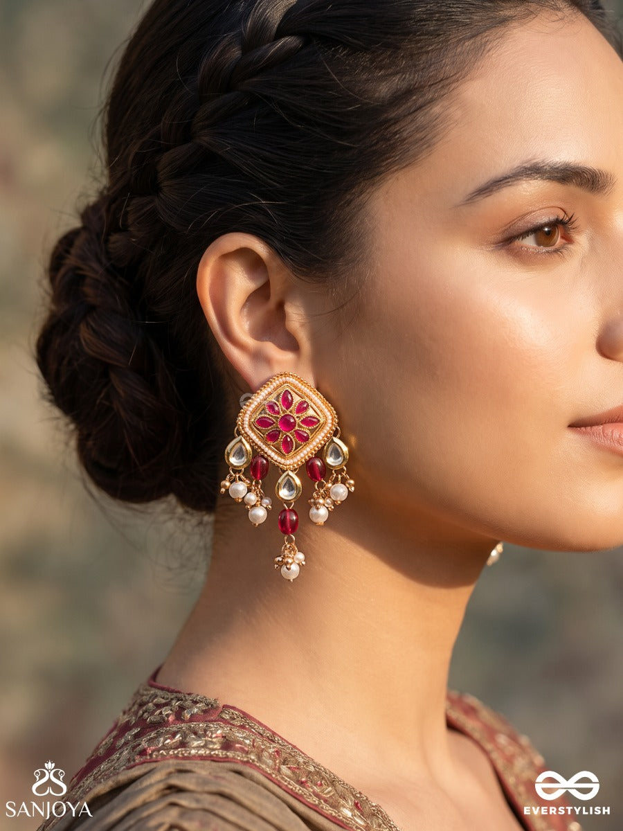 Kaushiki – Goddess Durga – Ornate Earrings With Pink Floral Kundan Motifs, Pearl Clusters And Ruby-Toned Drops