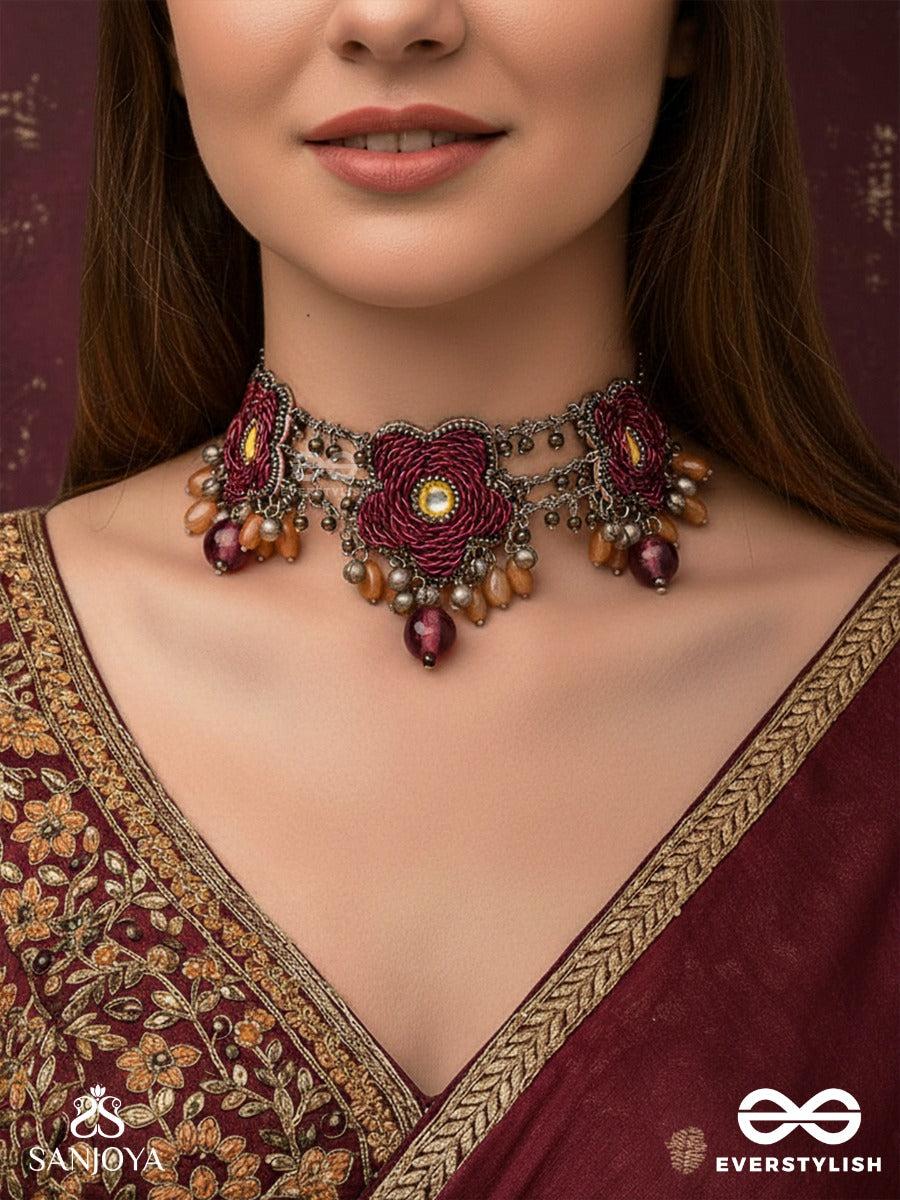 Sumanas - The Burgundy Flowers - Mirror, Resham, Dabka And Glass Drops Hand Embroidered Oxidised Choker Neckpiece
