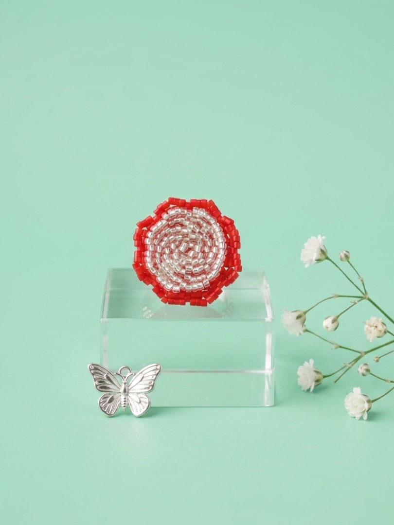 Cherry Bloom - Red & Silver Beaded Flower Statement Ring