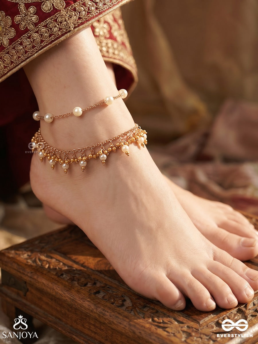 Falgunika – Spring Bloom – Delicate Pajeb (Anklet) Set Of 2 With Pearl Links, Ghungroo Fringes And Golden Chain Details