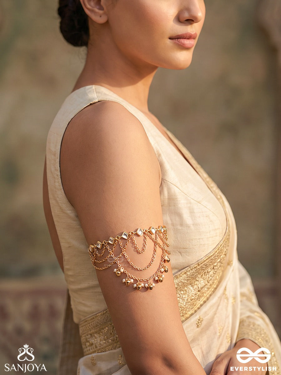 Chandraveni – Moon Braid – Heritage Armlet (Single) With Layered Moon Arches, Pearl Edging, Ghungroo Accents And Golden Detailing