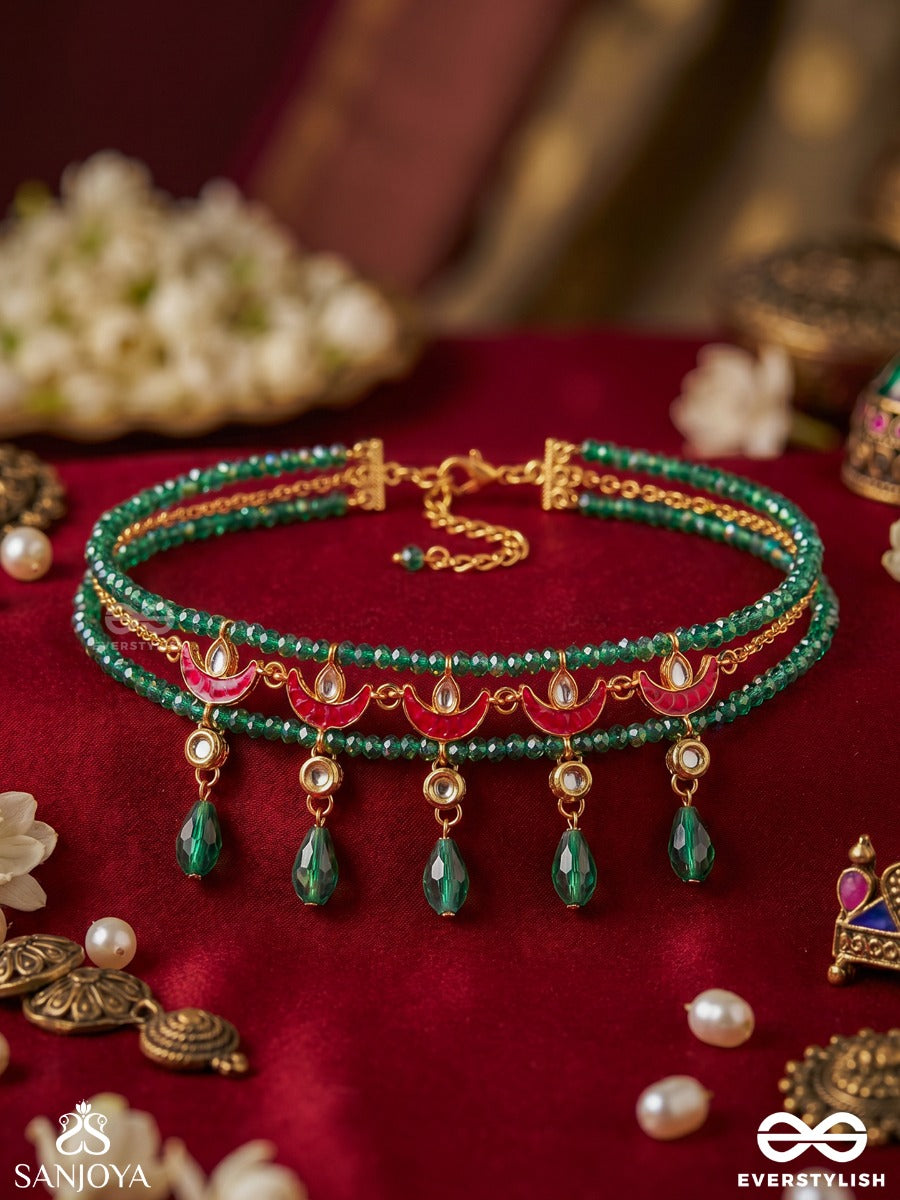 Vainateya – Celestial Majesty – Double-Strand Choker With Emerald Beadwork, Enamel Crescent Motifs And Dangling Green Drops