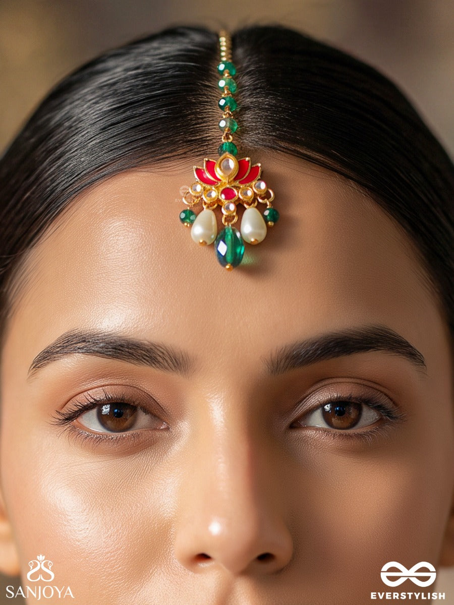 Karnika – Lotus Heart – Heritage Maangtika With Lotus Motif, Turquoise Bead Chain, Emerald Drops And Pearl Accents