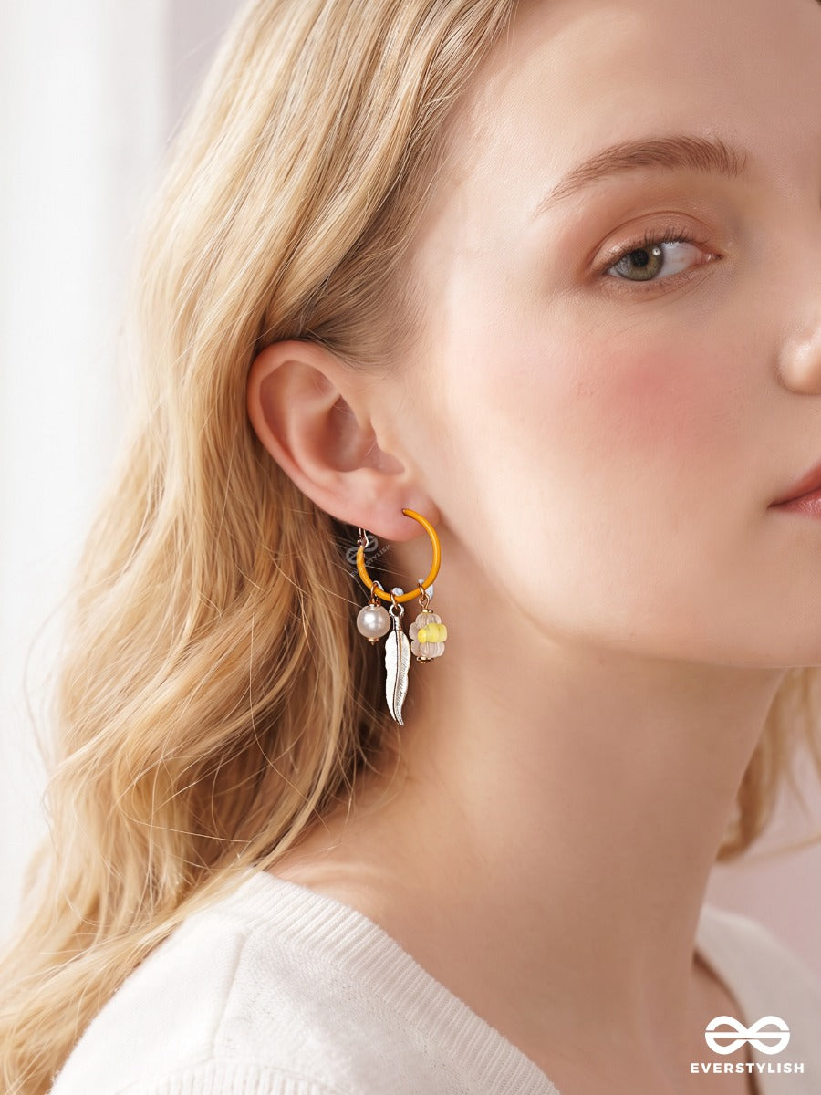 Honeybird – Mustard Hoop Earrings With Pearl, Floral And Feather Charms