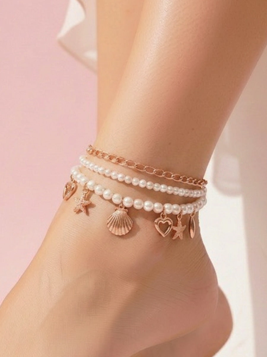 Ocean Keepsake – Triple-Layer Golden Pearl Anklet (Single) With Starfish, Shell And Heart Charms