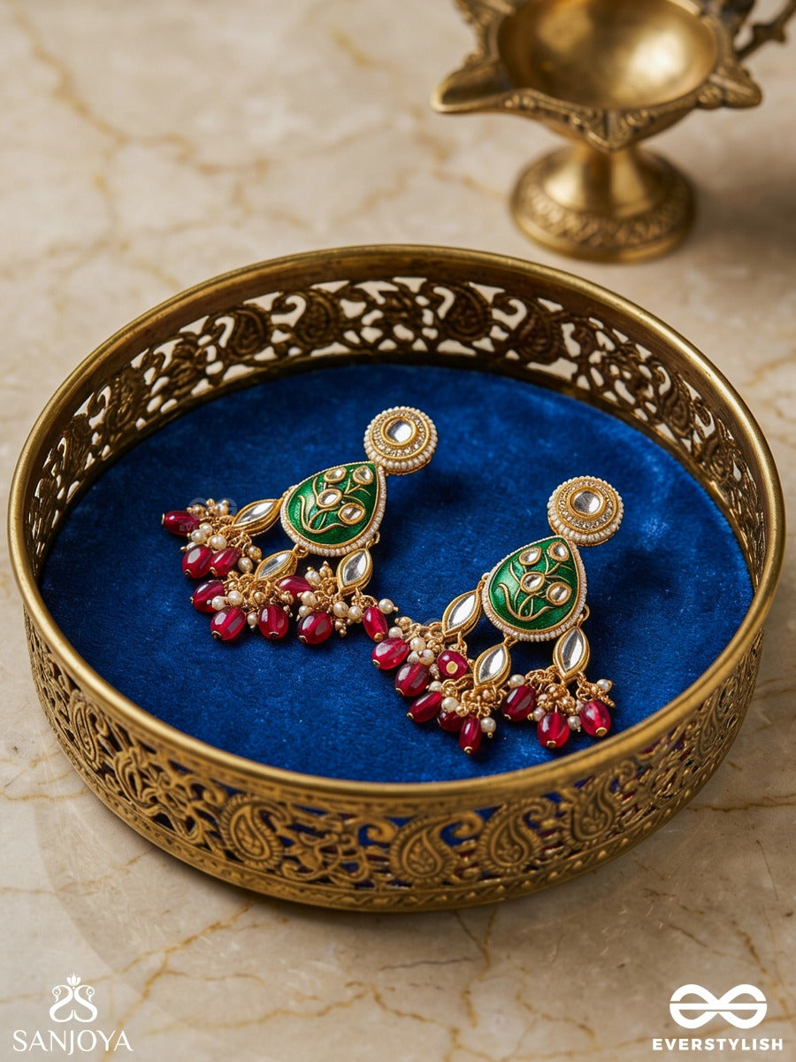 Sindurya - Scarlet Rays- Grand Crescent Enamel Kundan Earrings With Pearls And Beads