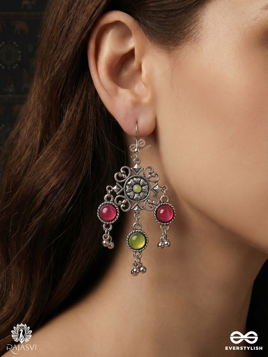 Madhuvarni – Oxidised Floral Heritage Earrings With Fuchsia And Lime Stones, Finished With Ghungroo Drops