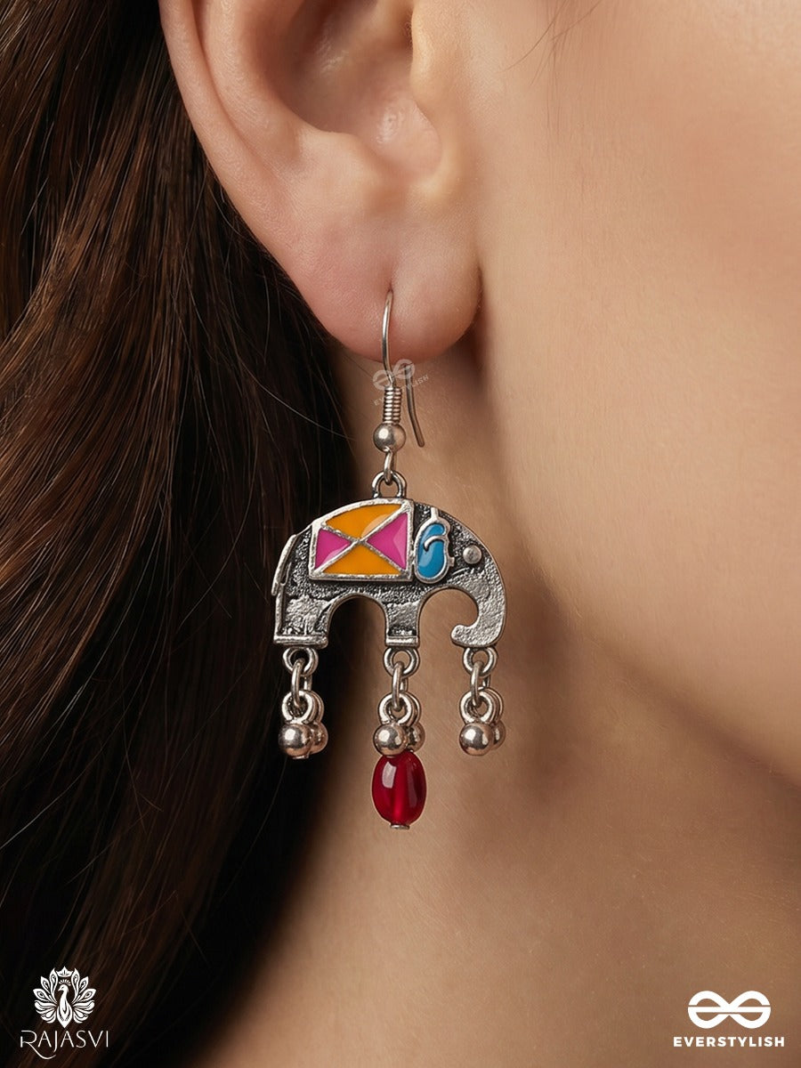 Rangkirti – Oxidised Enamel Earrings With Multicolour Geometric Motifs, Ivory Crescents And Ruby Drops