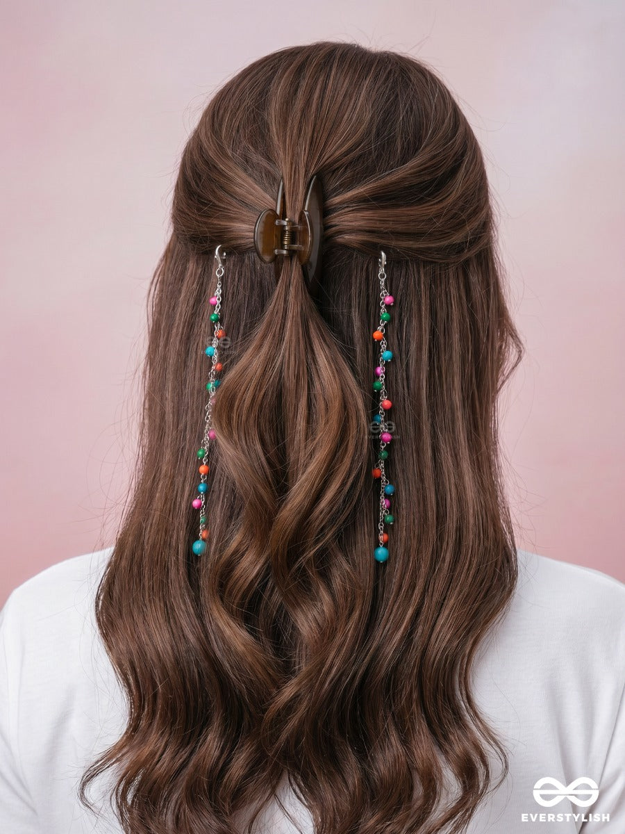 Pixie Confetti – Dainty Hair Clip Set Of 2 With Multicolour Beads And Silver Chains