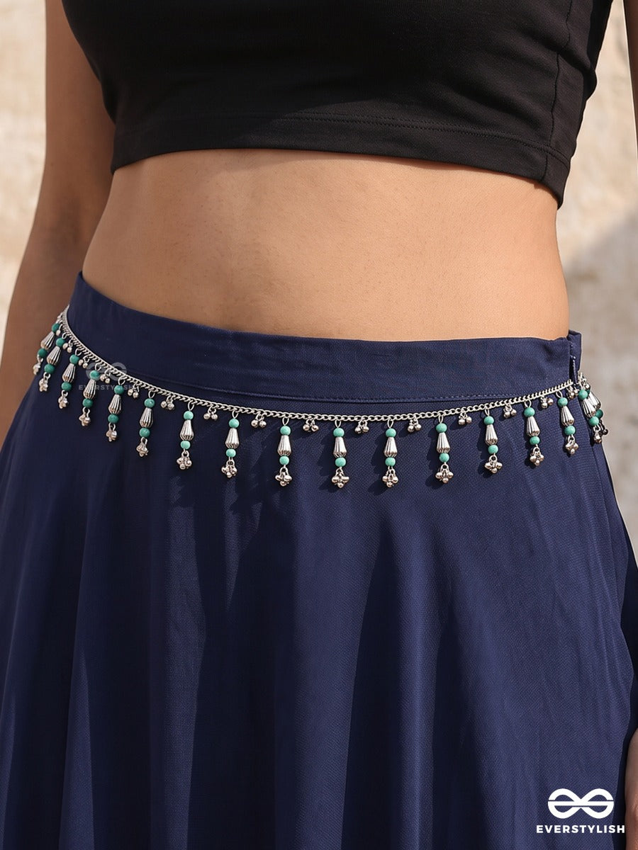 Nirjhari – Oxidised Waist Chain With Turquoise Beads And Floral Drops