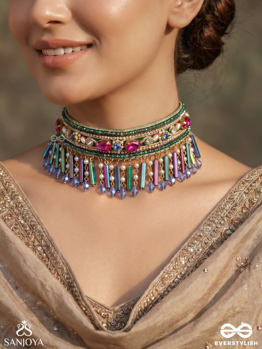 Samragyi – Empress – Heritage Choker With Multi-Colour Meenakari, Kundan Detailing And Dangling Crystal Fringes