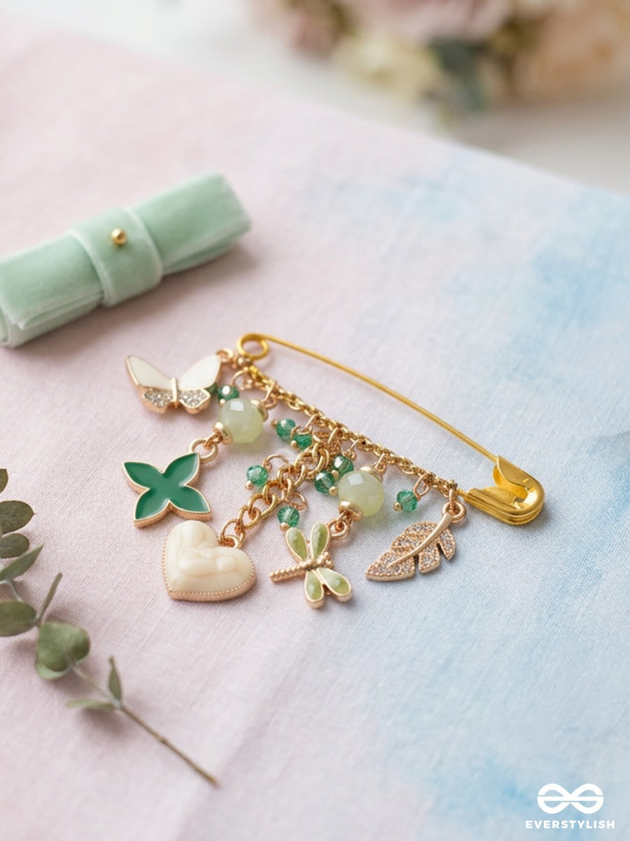 Emerald Whimsy – Gold-Tone Brooch Pin With Green Clover, Pearl Heart And Butterfly Charms