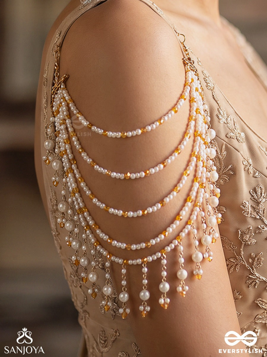 Kinjal – Flower Filament – Multi-Purpose 3-In-1 Layered Chain With Amber Beadwork, Pearl Clusters And Cascading Strands