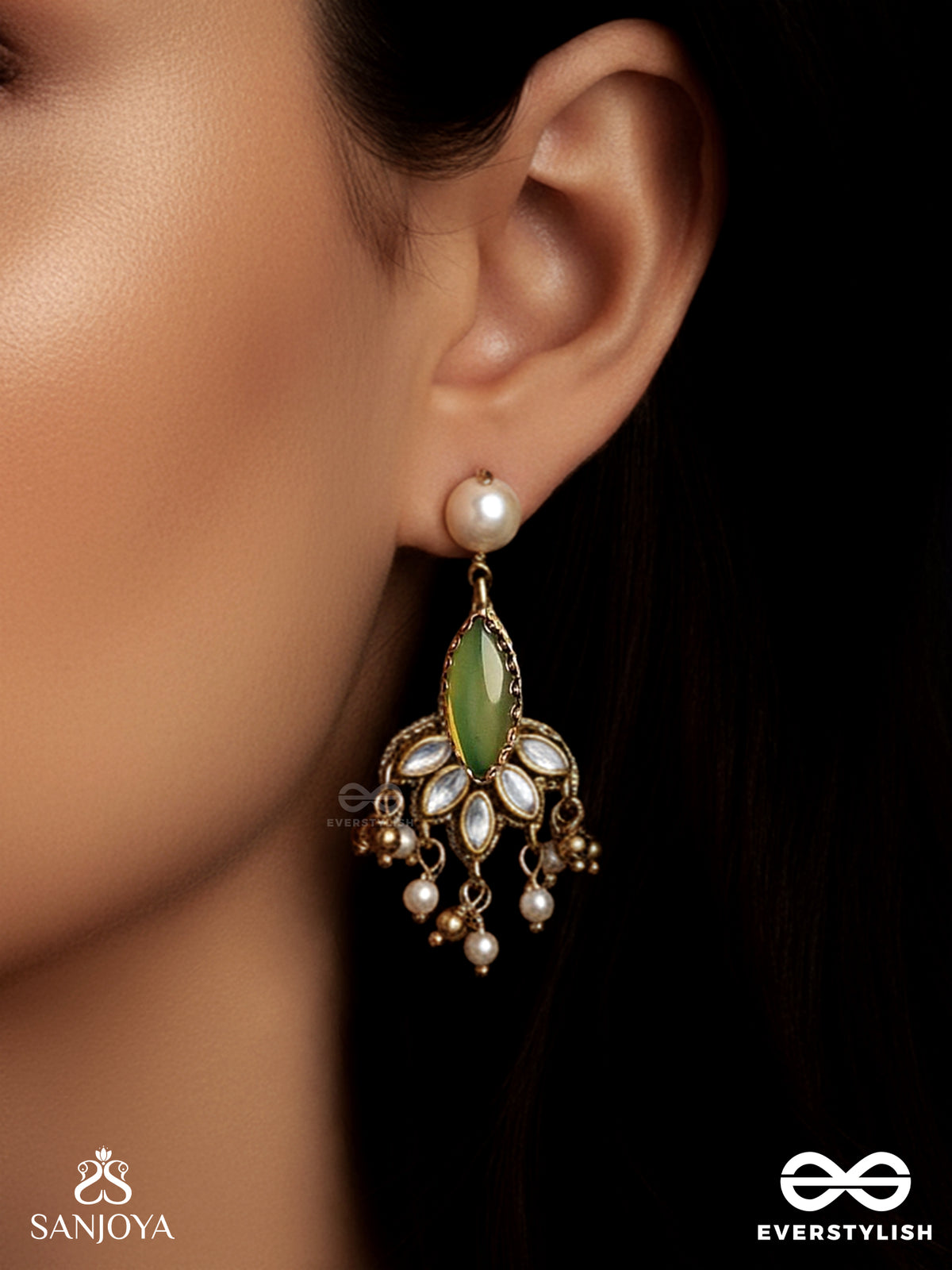 Kshamini - Graceful Lady- Slim Chain Design Kundan Earrings With Leaf Design