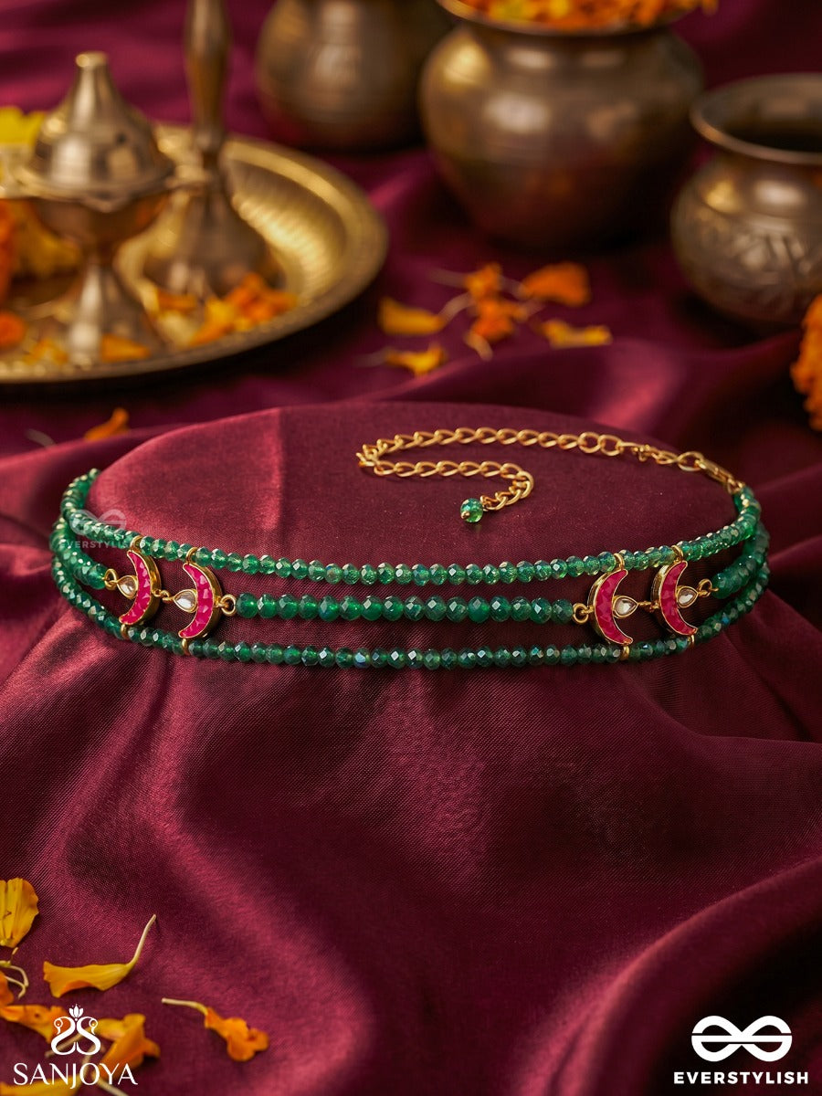 Parnashree – Leaf Of Splendour – Multi-Strand Choker With Emerald Beadwork, Enamel Crescent Motifs And Heritage Details