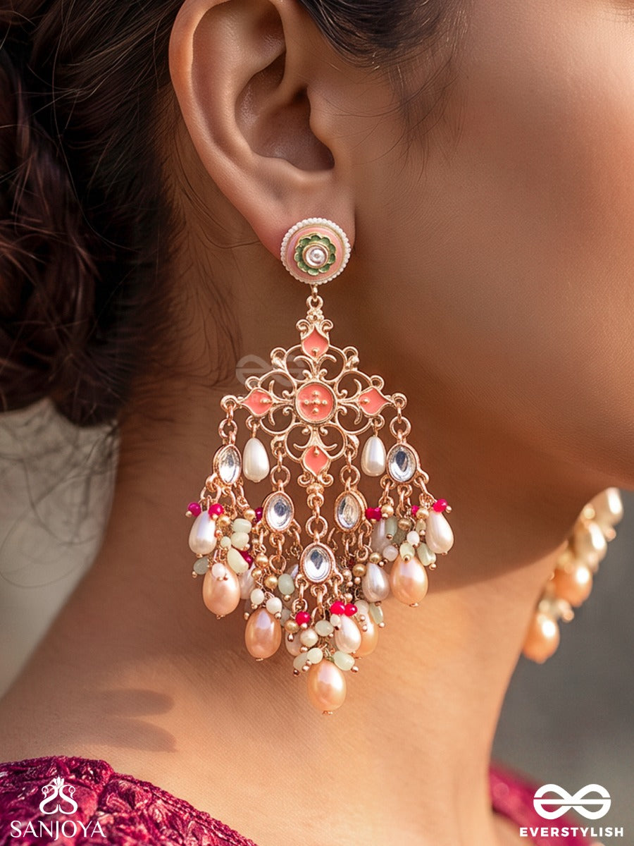 Ahladini – Full Of Joy – Heritage Earrings With Peach Enamel Motifs, Cascading Pearls, Colourful Bead Clusters And Soft Peach Drops
