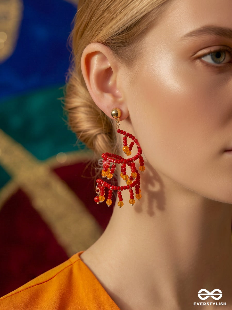 Fire Twist – Red Crystal Spiral Earring With Amber Drops
