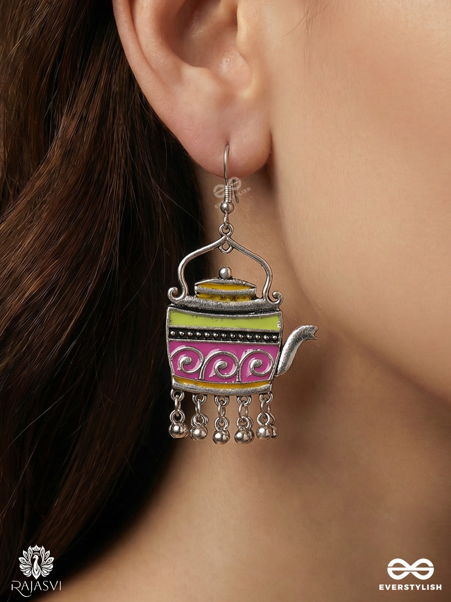Chayamanjari – Oxidised Teapot Earrings With Multicolour Pastel Enamel And Ghungroo Drops