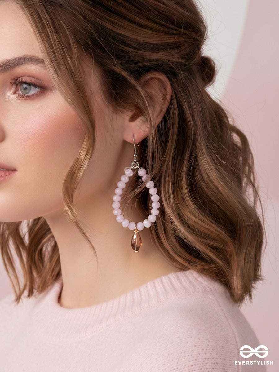 Dusty Rose – Teardrop Beaded Earrings With Soft Pink Faceted Beads And Smoky Crystal Drop