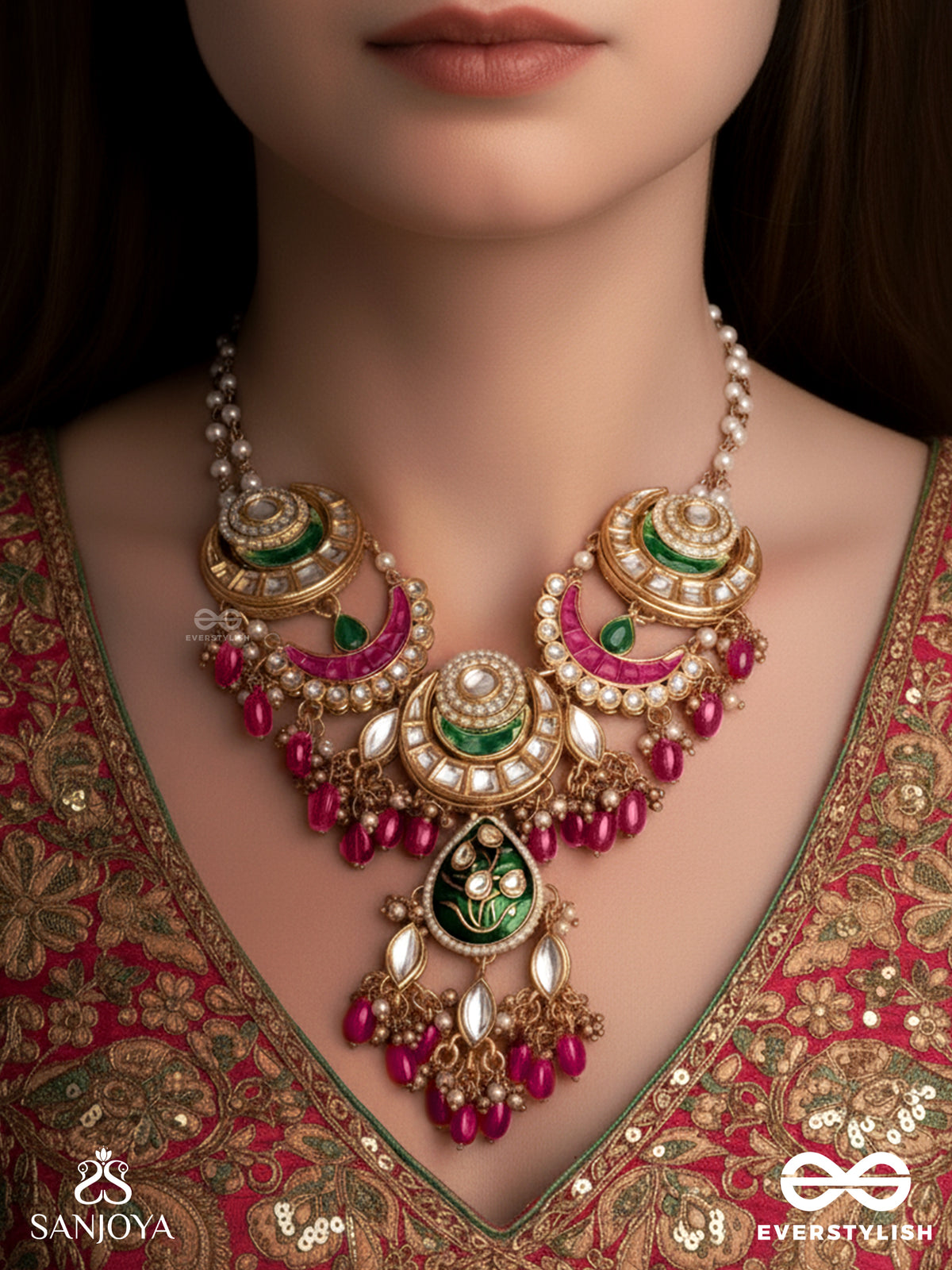 Sindurya - Scarlet Rays- Grand Crescent Enamel Kundan Necklace With Pearls And Beads