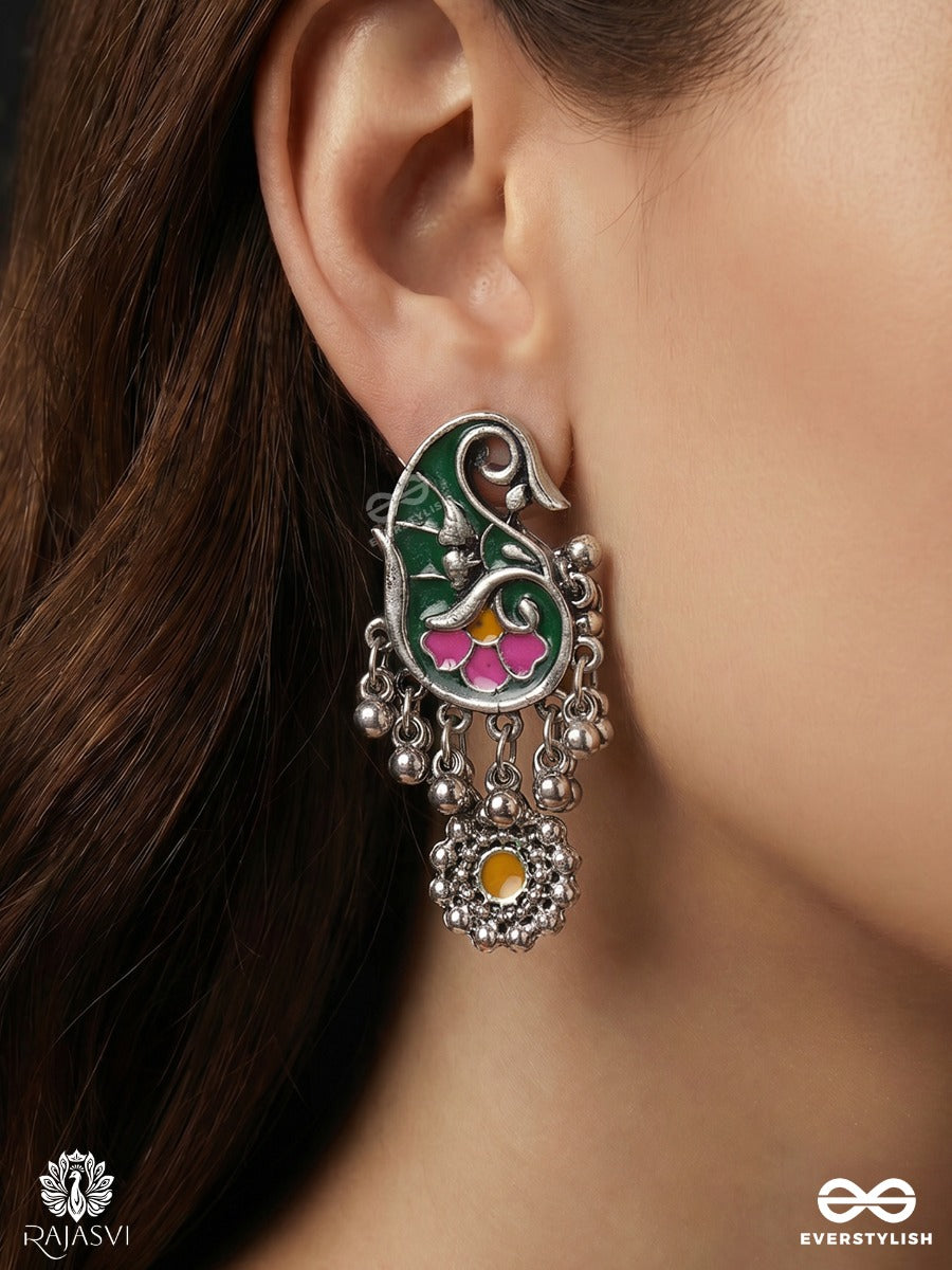 Pankhurika – Oxidised Heritage Enamel Earrings With Green Paisley Motifs, Lotus Details And Floral Danglers