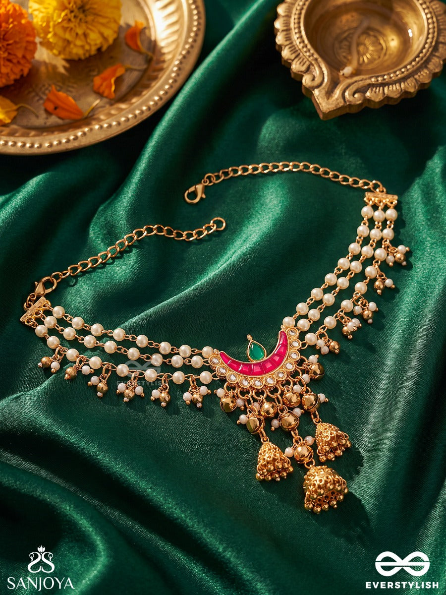 Shringara – Divine Adornment – Heritage Armlet (Single) With Layered Pearl Strands, Enamel Crescent Motif, Jhumki Charms And Ghungroo Accents