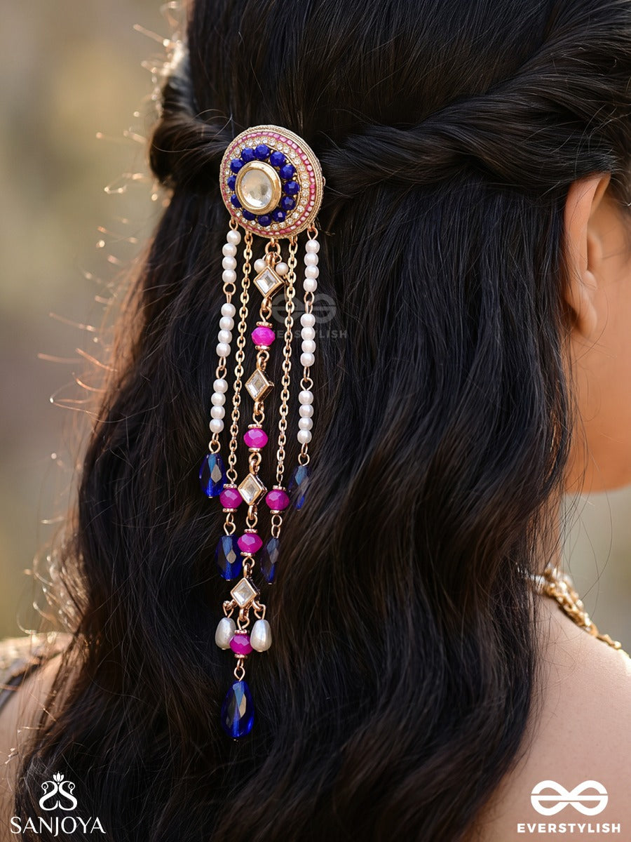 Baani – Divine Expression – Heritage Hair Accessory With Mirror Centre, Royal Blue Drops, Pearl Strands And Kundan-Inspired Details