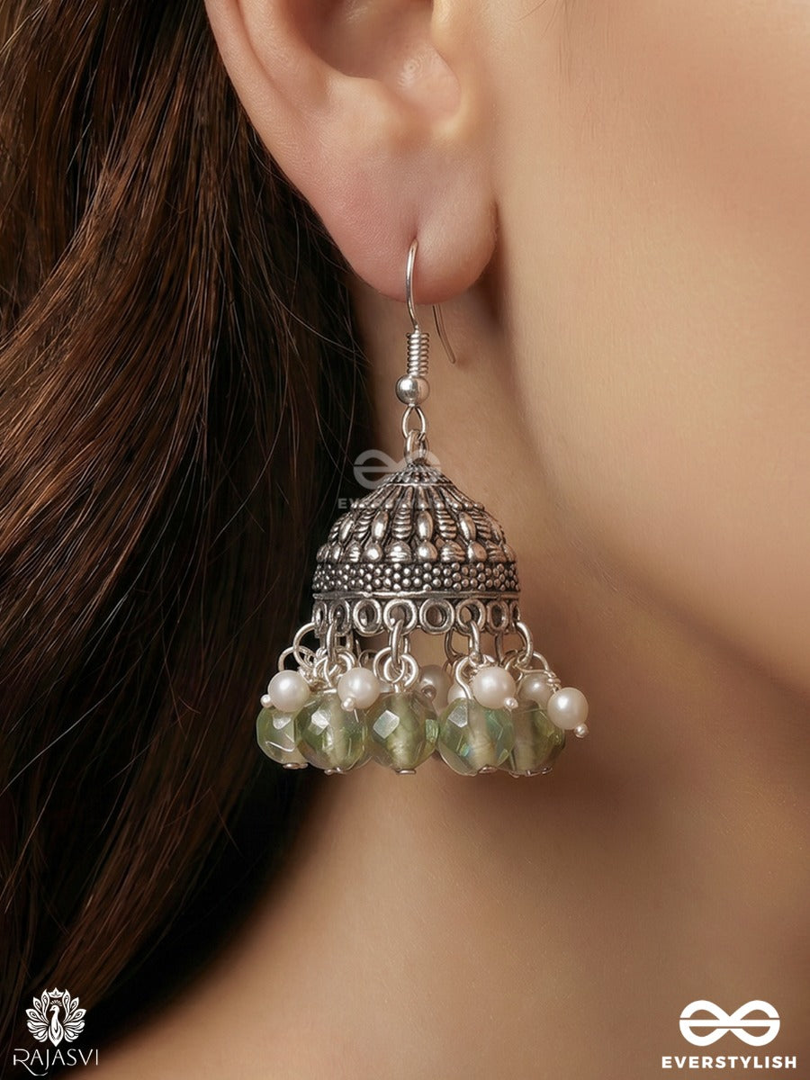 Muktakshi – Oxidised Jhumka Earrings With Pearl Clusters And Sage Green Bead Drops