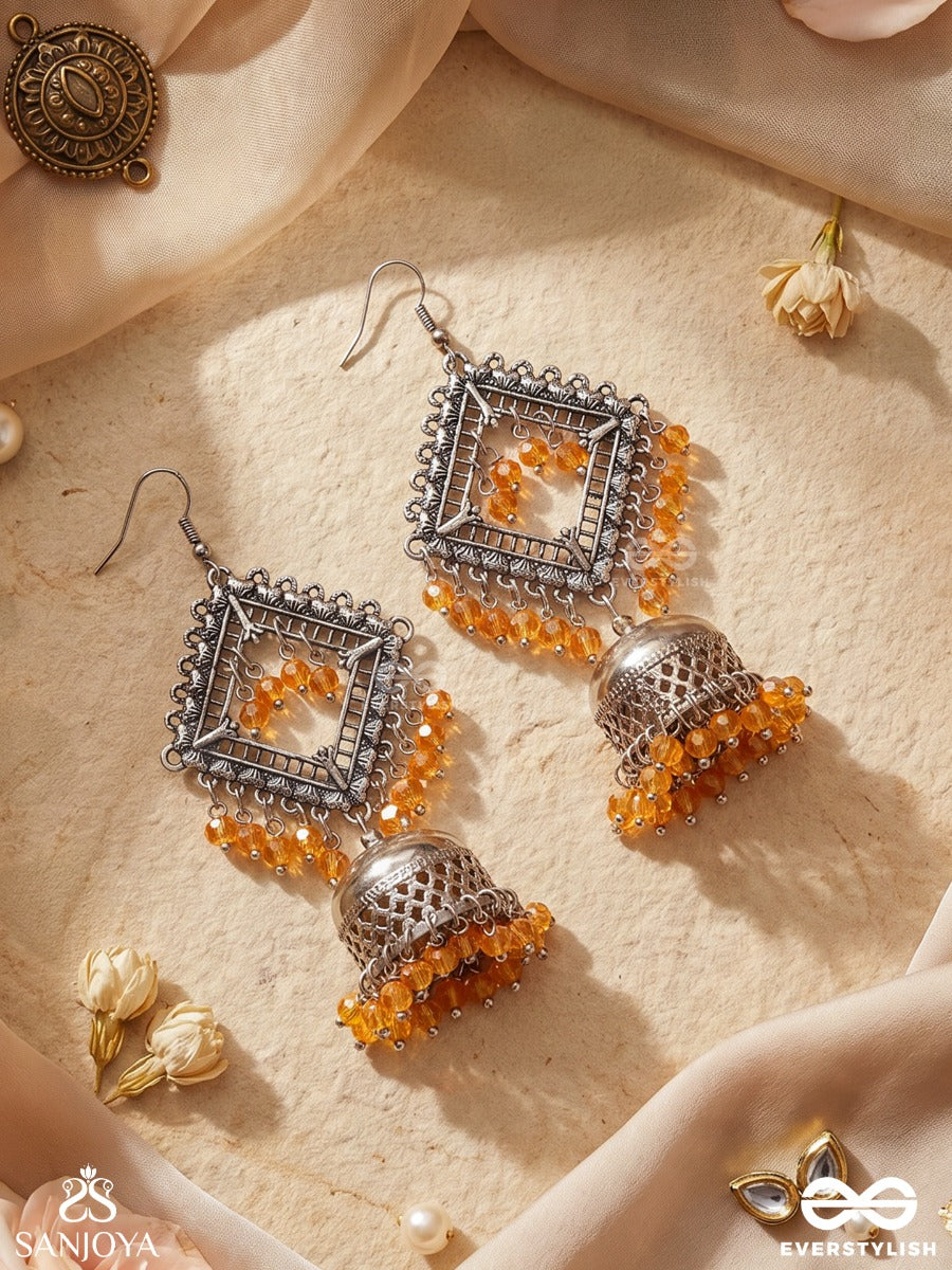 Ambarlekha – Oxidised Diamond Jhumka Earrings With Amber Bead Clusters And Filigree Details