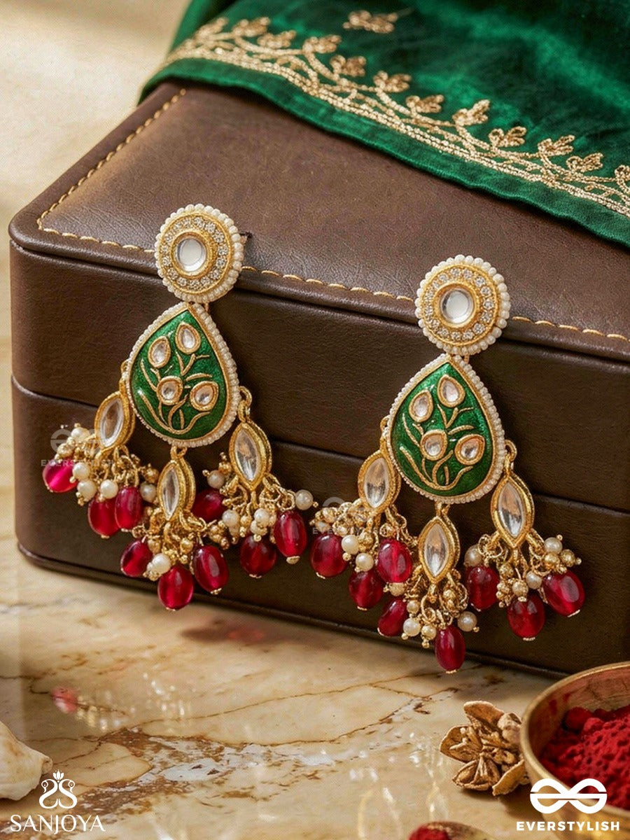 Sindurya - Scarlet Rays- Grand Crescent Enamel Kundan Earrings With Pearls And Beads
