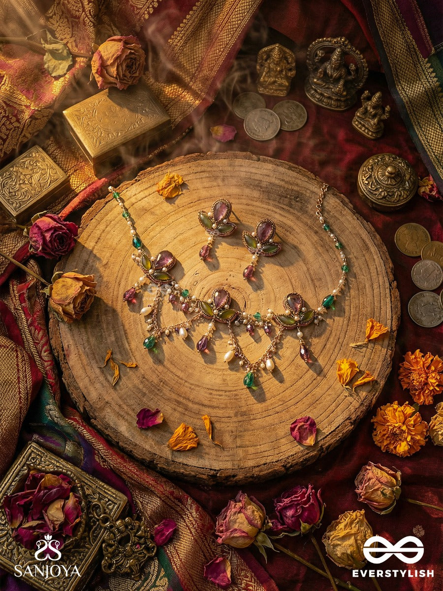 Aabharan - The Royal Ornament - Stones, Beads, Glass And Pearl Drop Hand Embroidered Set With Neckpiece & Earrings With Anti-Tarnish Coating