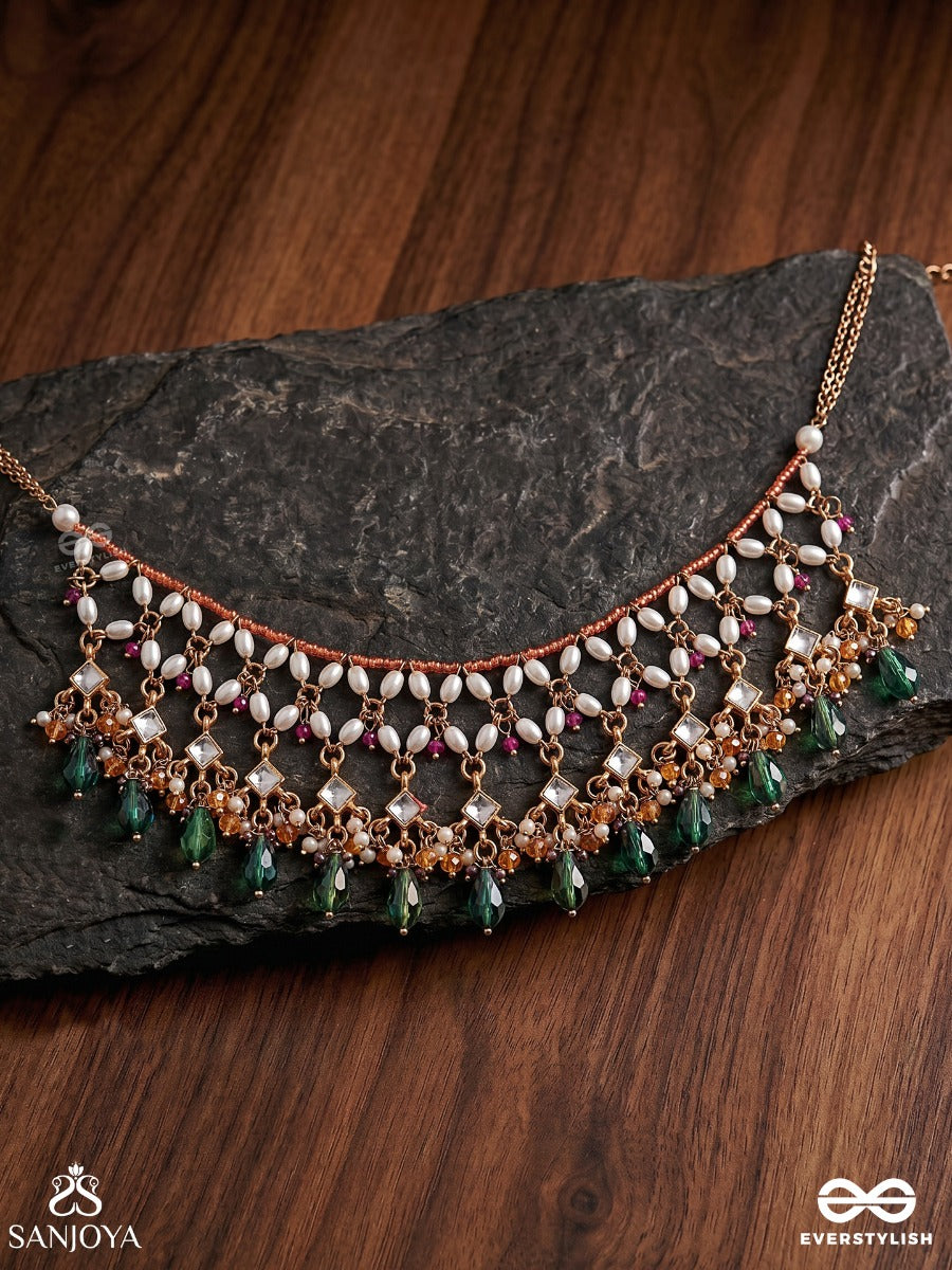 Vrindamala – Garland Of Divine Blooms – Heritage Choker With Mother-Of-Pearl Floral Lattice, Emerald Drops And Pink Gem Accents