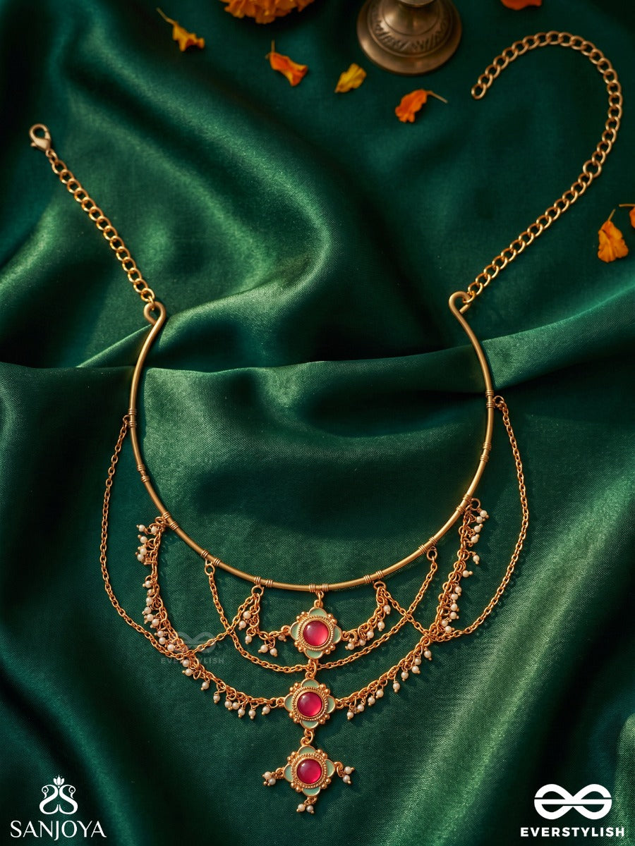 Rajeshwari – Royal Goddess – Heritage Hasli Necklace With Layered Chain Drapes, Ruby Floral Motifs And Pearl Accents