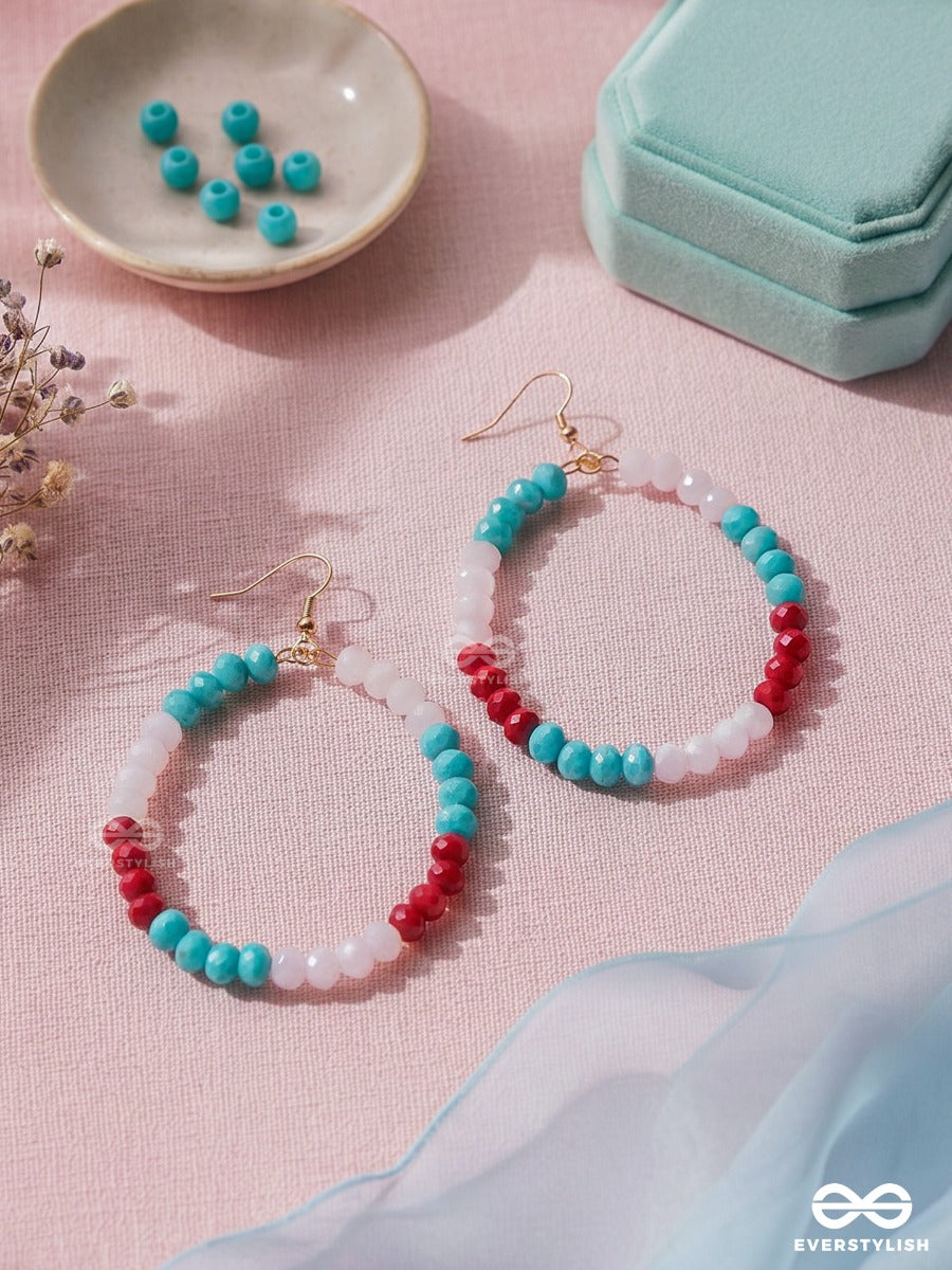 Cotton Candy – Turquoise, Blush And Ruby Beaded Oval Hoop Earrings