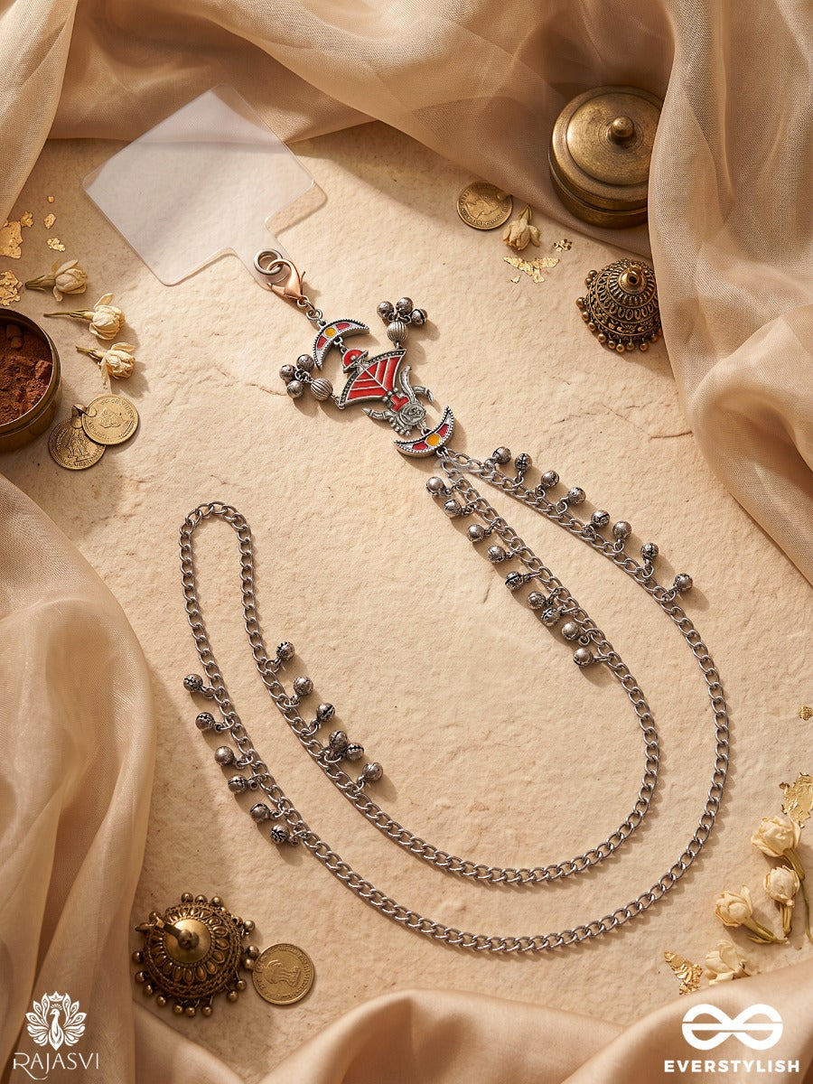 Ranjhini – Oxidised Phone Sling With Ghungroo Drops And Red Heritage-Inspired Enamel Accents