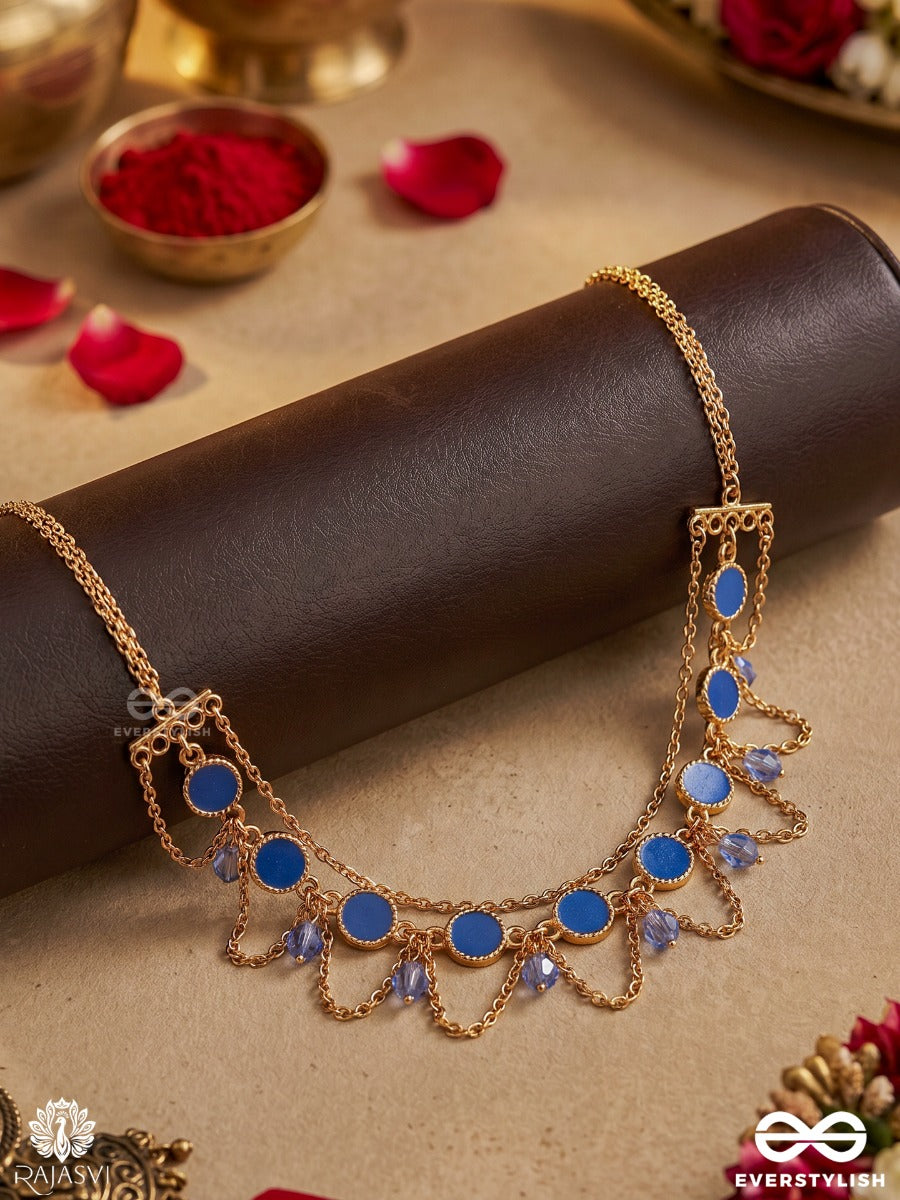 Ambunila – Blue Waters – Elegant Necklace With Blue Enamel Scallops, Pearl Accents And Golden Filigree