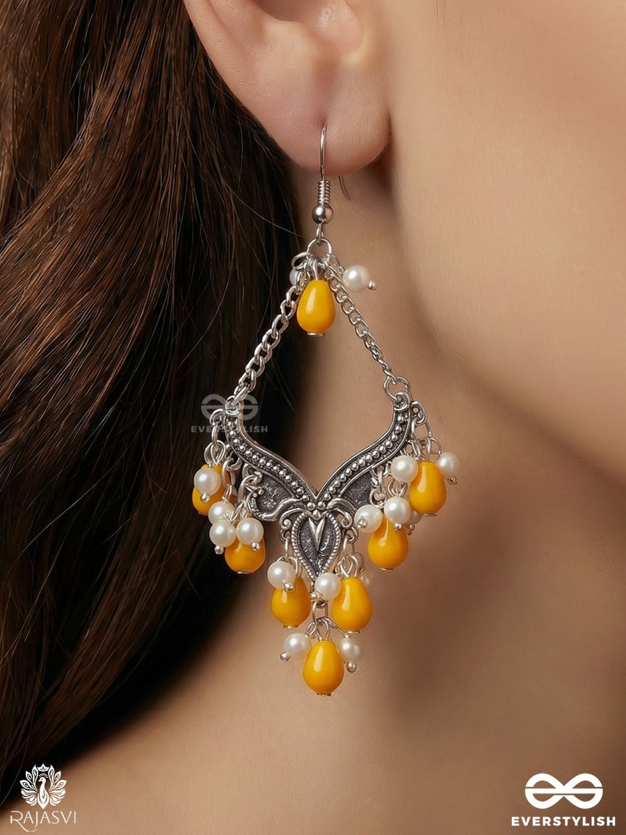 Sonaparni – Oxidised Chandelier Earrings With Mustard Bead Drops And Pearl Accents
