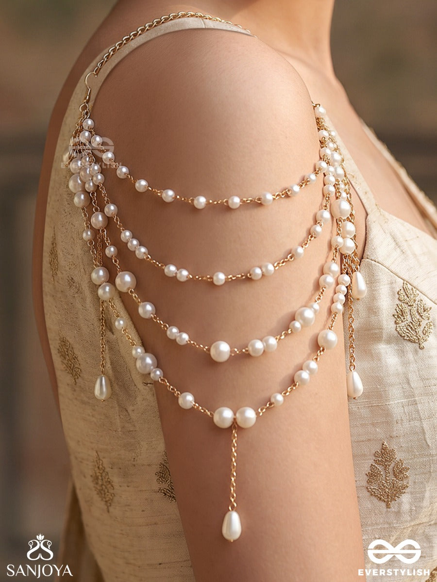 Farheen – Joyful Radiance – Multi-Purpose 3-In-1 Layered Chain With Lustrous Pearl Strands, Golden Links And Delicate Drop Accents