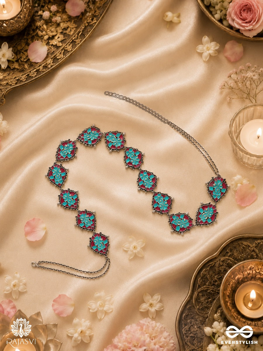 Neelambi – Oxidised Waist Chain With Turquoise Diamond Motifs And Red Accents